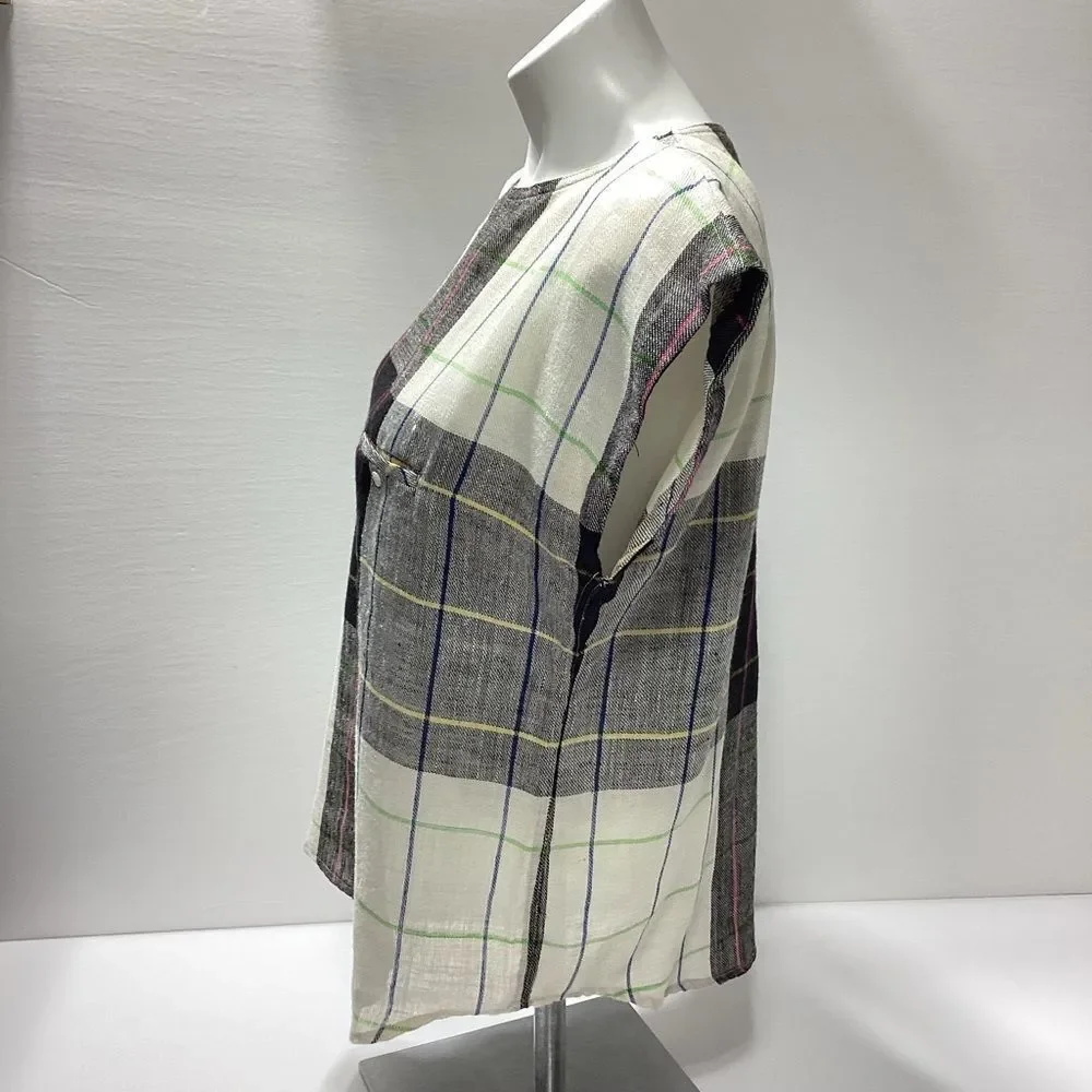 Vintage Liz Claiborne Linen Blouse Size 12 Black White Gray Plaid Grid Print - Picture 2 of 9
